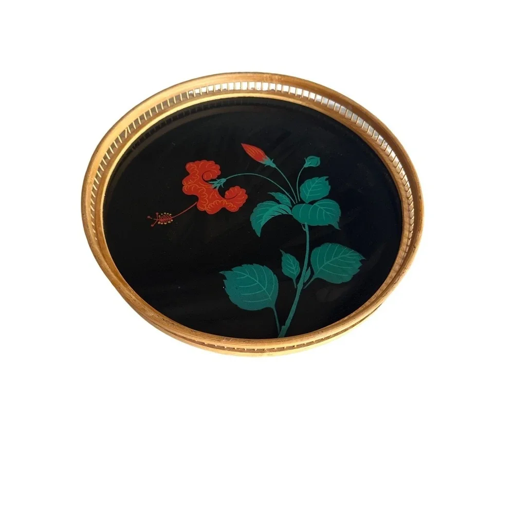 Decorative Round Bamboo & Glass Tray With Floral Design